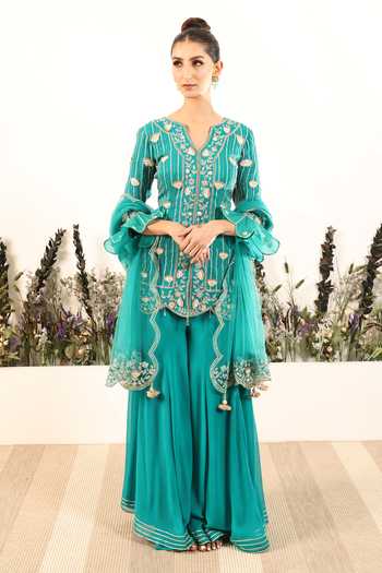 Emerald Noir Geometric Pattern Front Zipper A-Line Kurta