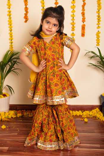 Campana Girls Chitra Floral Printed Kurta Set with Dupatta - Turquoise & Yellow