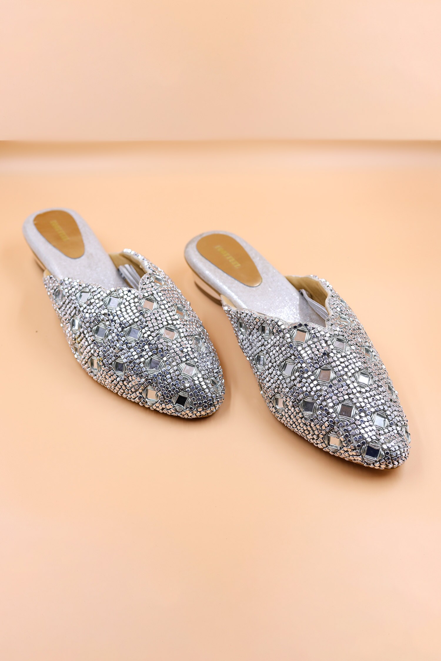 Buy Silver Embellished Mia Mirror Mules by Foot Fuel Online at Aza ...