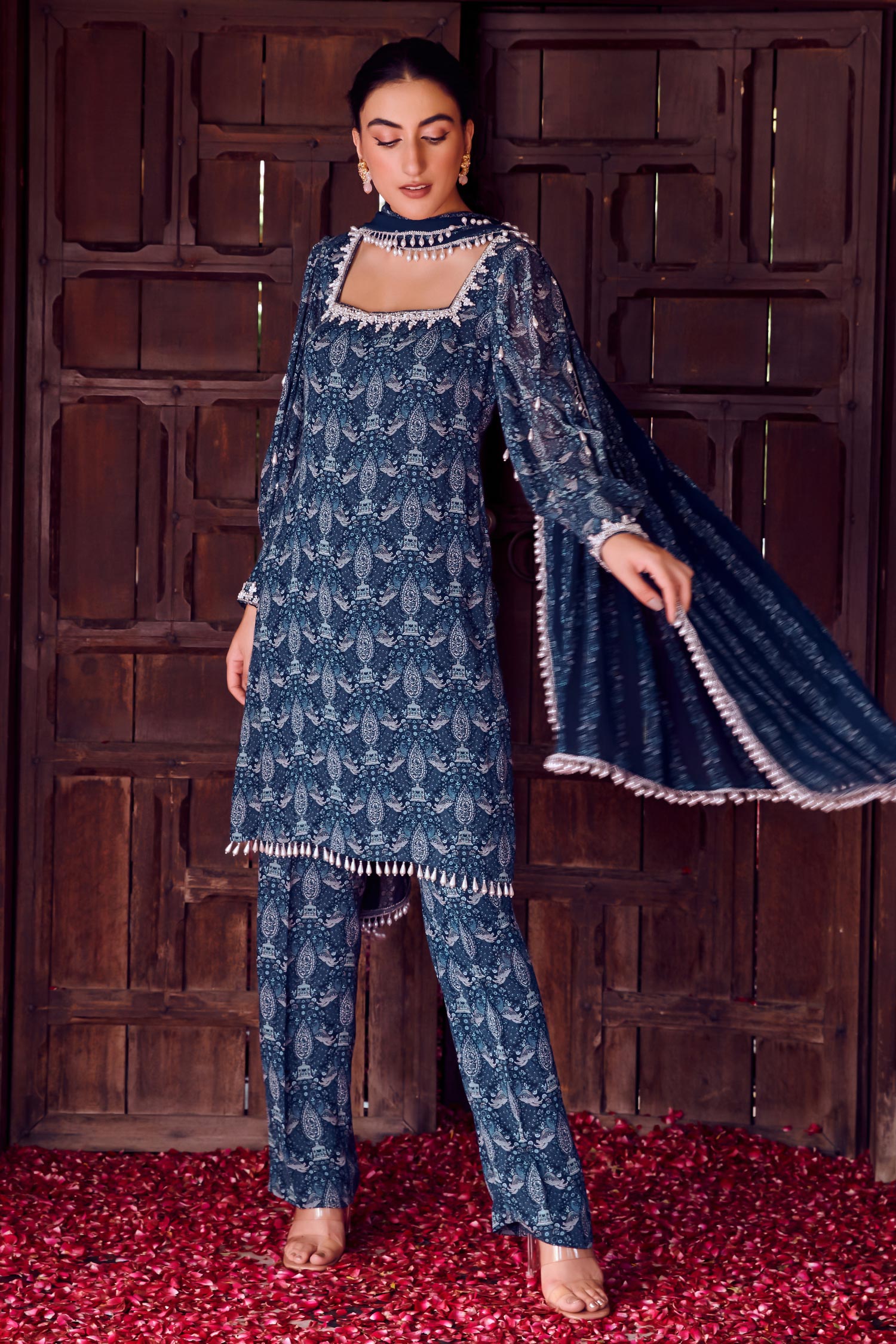 Buy Blue Georgette Embroidered Pearl Drop Square Inara Bird Print Kurta ...