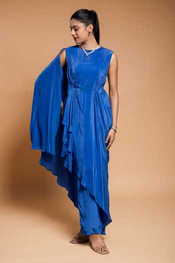 Blue Hydrangea Side Gather Block Printed Tunic with Plain Pants