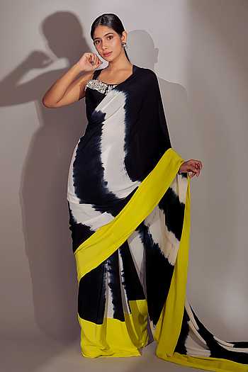 Black Solid Organza Saree with Tie & Dye Blouse
