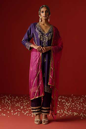 Women Maroon Crepe Chanderi Zari Kurta Set