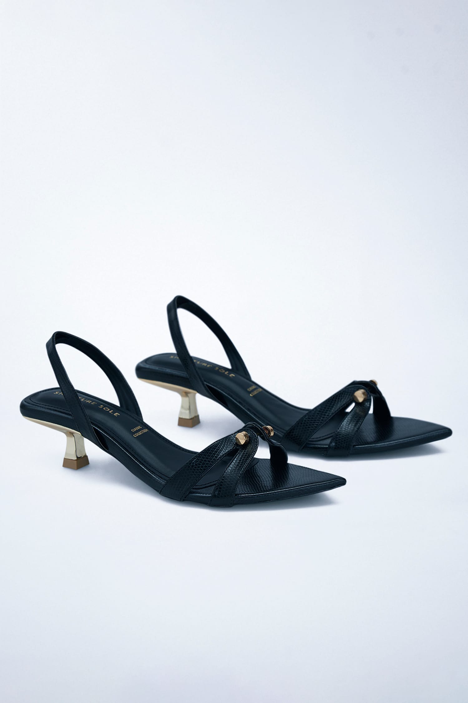 Buy Black Chain Open Toe Kitten Heels by Signature Sole Online at Aza