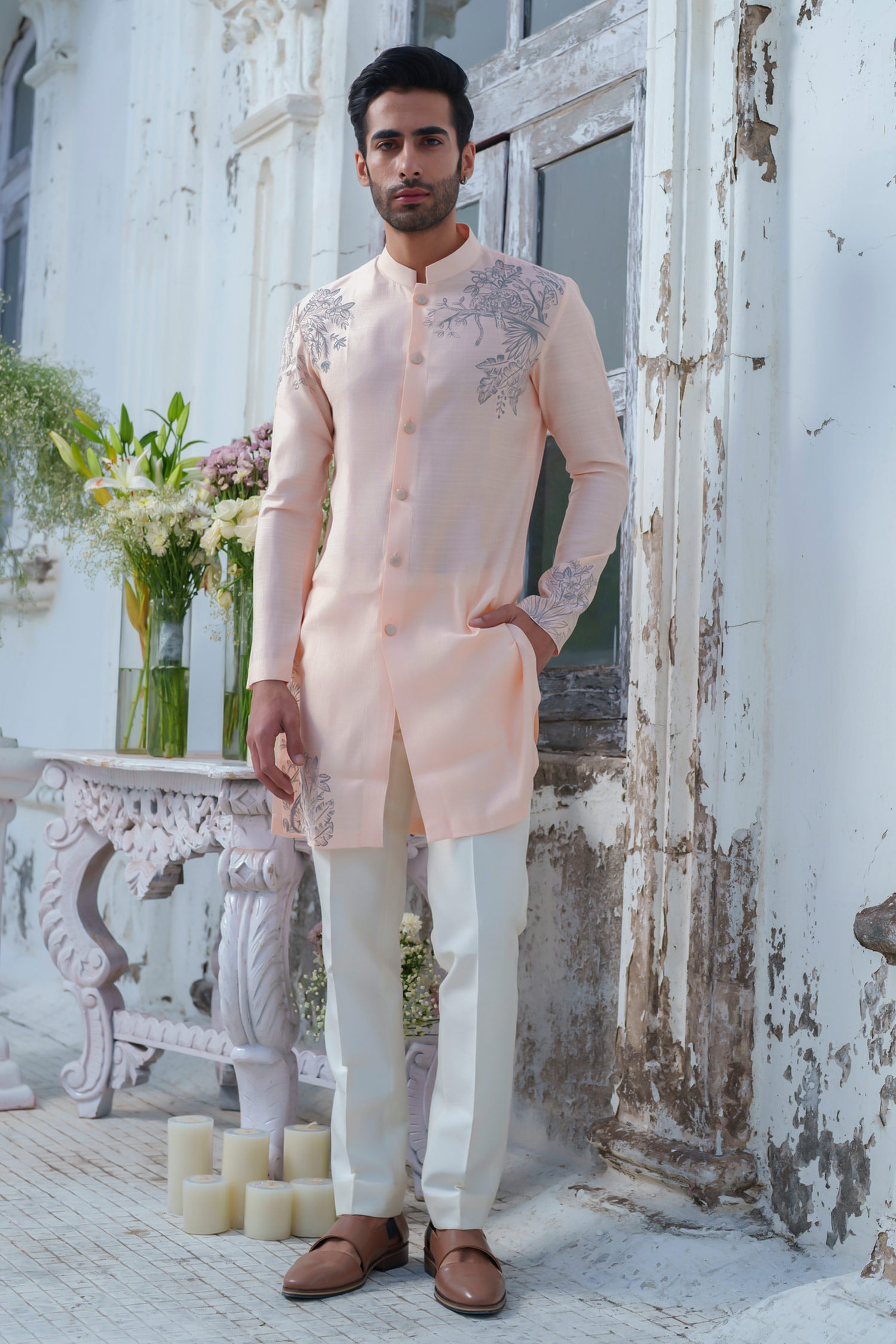 Buy Peach Kurta Cotton Blend Hand Painted Animal Set For Men by Amrit ...