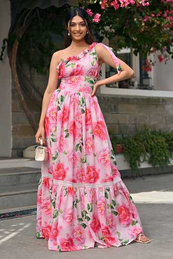 Oyemwen Black One Shoulder Floral Appliqué Garden Dress