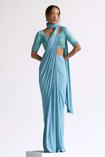 Vally Print Saree With Scalloped Border And Printed Blouse