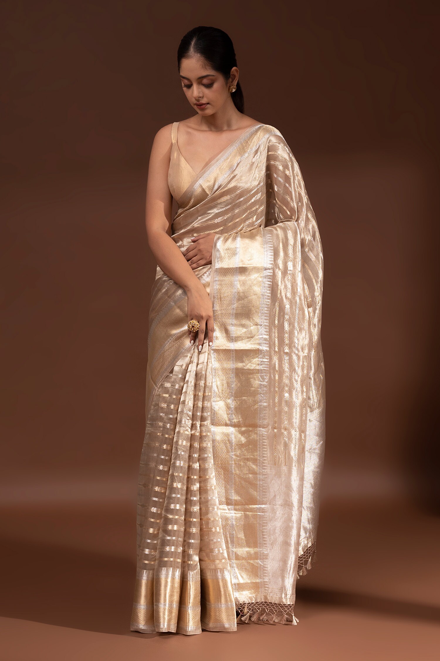 Buy Beige Tissue Silk Zari Stripe Pattern Saree With Unstitched Blouse ...