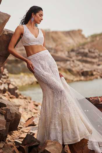 Buy Ivory Tulle Sequins, Beads, Cut Work Giselle Embroidered