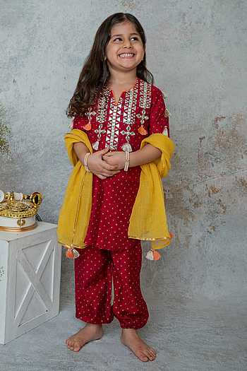 Embroidered Red Long Yoke Kurta with Pant