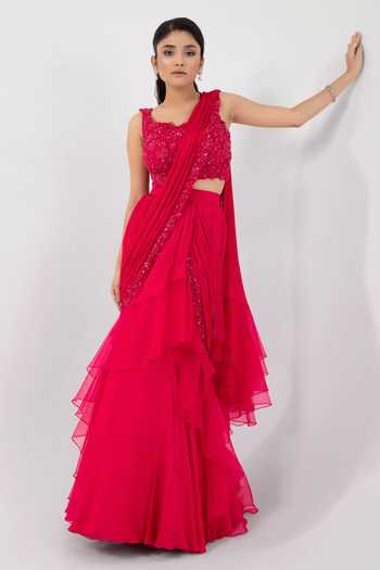 Rose Pink Ruffled Pre-Draped Shimmer Saree with Off Shoulder Sequined Blouse
