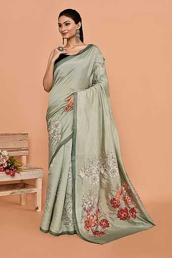 Green Embellished Silk Saree With Unstitched Blouse Piece
