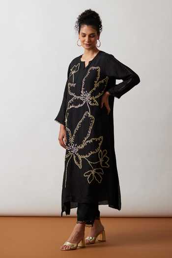 Orni Fashion Black Viscose Rayon A-Line Kurta Pant Dupatta Set