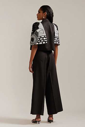 Buy Black Crepe Embroidery Collared Face Crop Jacket With Pant For