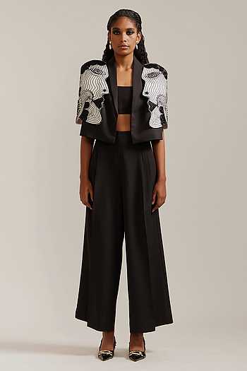 Buy Black Crepe Embroidery Collared Face Crop Jacket With Pant For