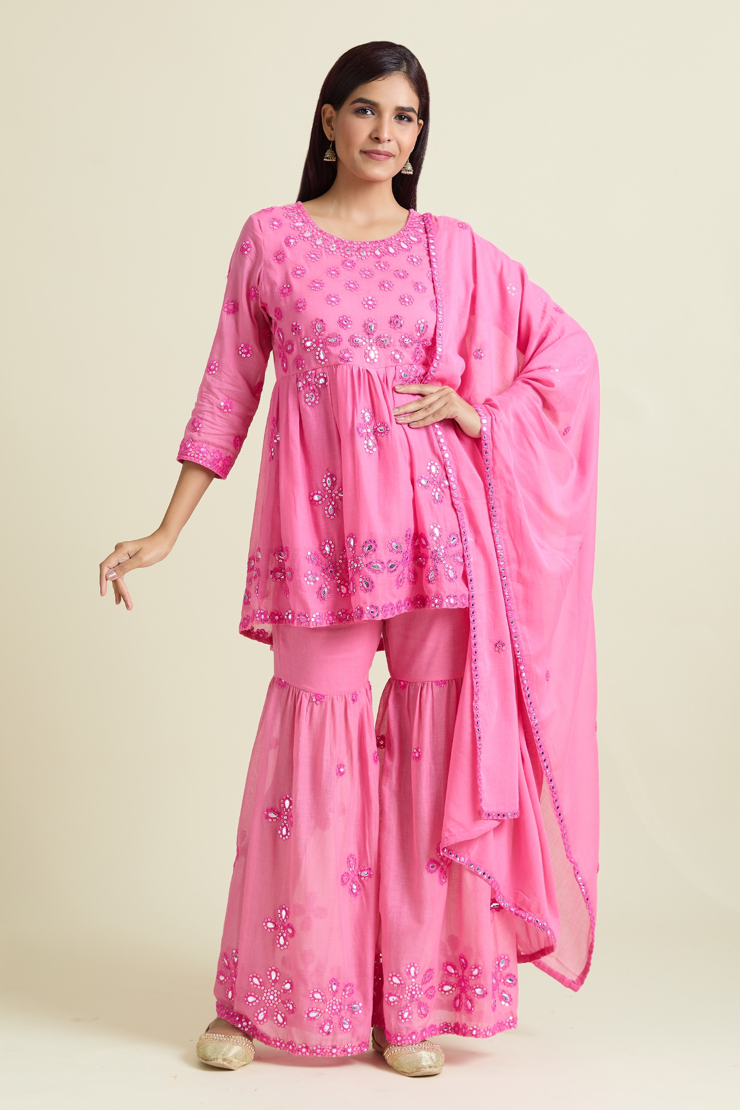 Sequin Embroidered Peplum Kurta & Sharara Set 