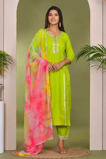 Gota Patti Embroidered Kurta Pallazo Set with Bandhej print