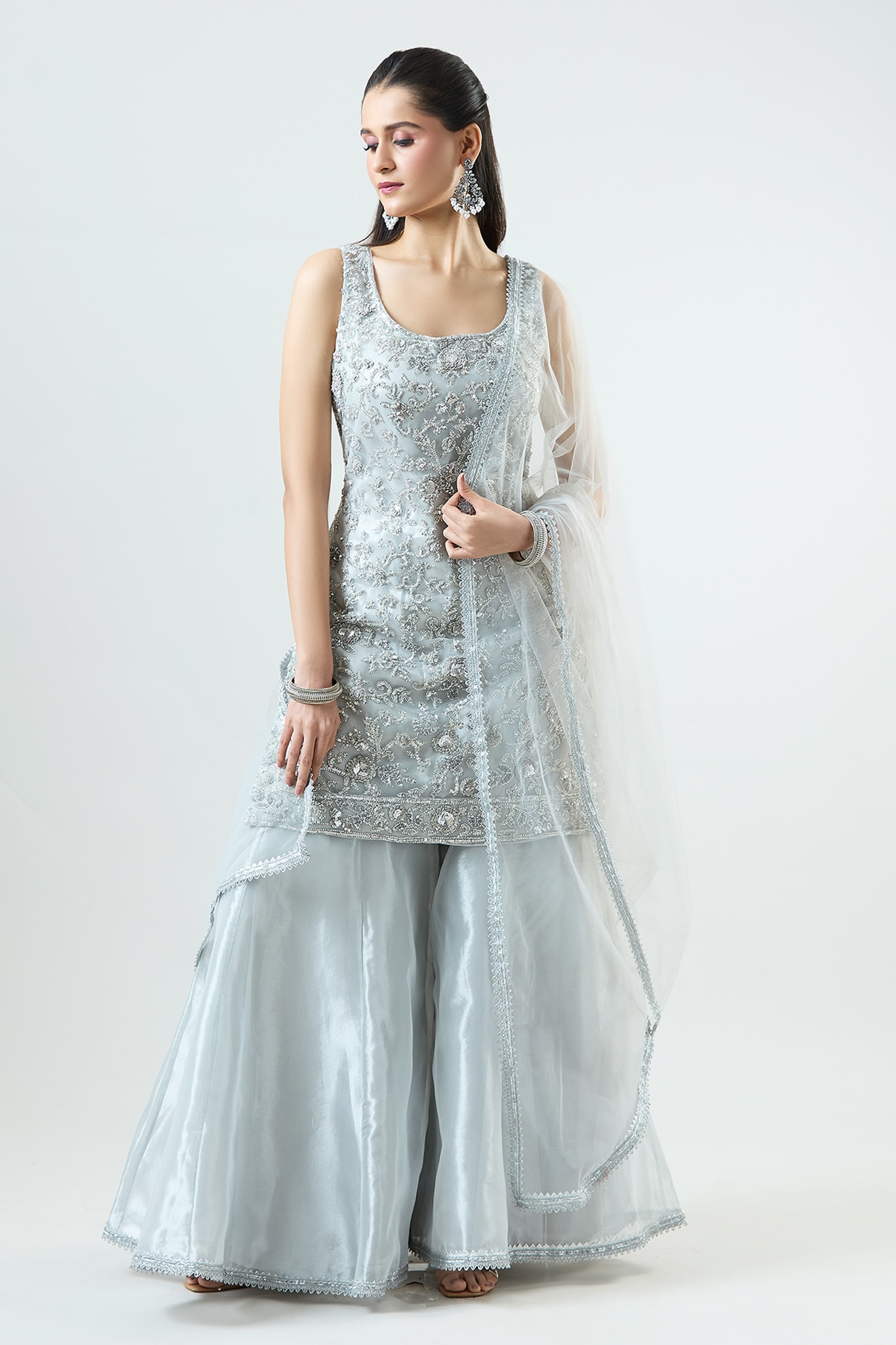 Buy Grey Kurta And Dupatta Net Embellished Sequin U-neck Bead Sharara ...