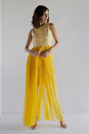 Women's Lemon Yellow Chanderi Embroidery Straight Kurta Pant With Dupatta