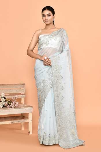 Blue Embroidered Silk Blend Saree With Unstitched Blouse Piece