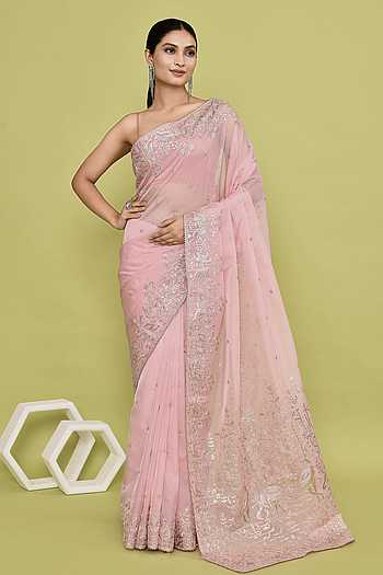 Pink Embellished Silk Blend Saree With Unstitched Blouse Piece
