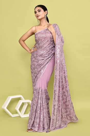 Purple Abstract Printed Silk Saree With Unstitched Blouse Piece