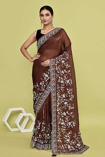 Women Brown Silk Blend Digital Print Saree With Unstitched Blouse