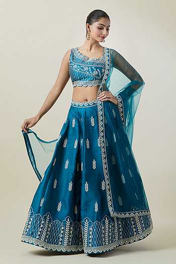 Teal Blue Leaf Pattern Lehenga Set 