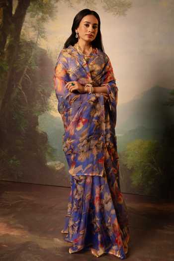 Women's Chiffon Light Blue Embellished Designer Saree With Blouse Piece