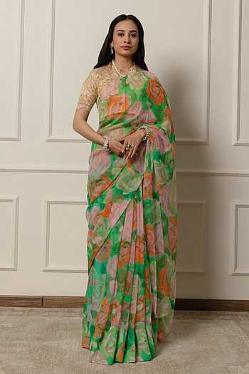 Green Solid Chiffon Saree With Unstitched Blouse Piece