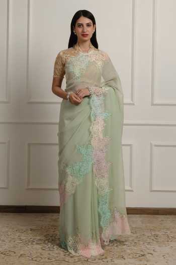 Green Chevron Printed Silk Saree With Unstitched Blouse Piece