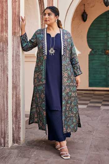 Buy Blue Italian Crepe Embroidered Floral Shrug Open Print With Kurta ...