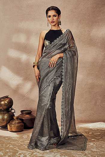 Women's Tissue Grey Printed Designer Saree With Blouse Piece