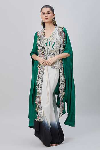 Embellished Cape & Shaded Draped Skirt Set