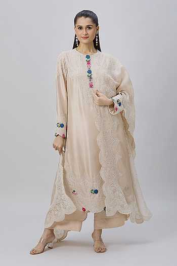 Pearl Embroidered Long Straight Kurta Set