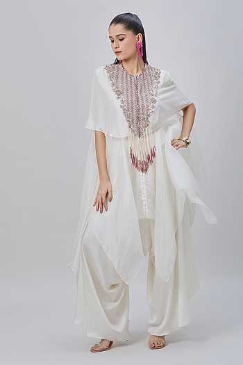 Tasseled Hankey Cape & Flared Pant Set