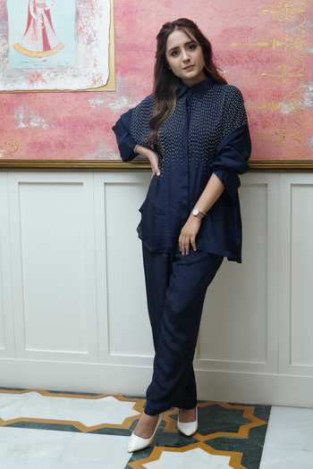 Buy Blue Crepe Beads Shawl Neck Embellished Shirt With Pant For