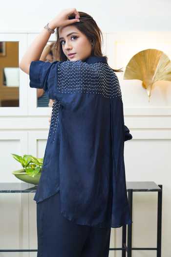 Buy Blue Crepe Beads Shawl Neck Embellished Shirt With Pant For