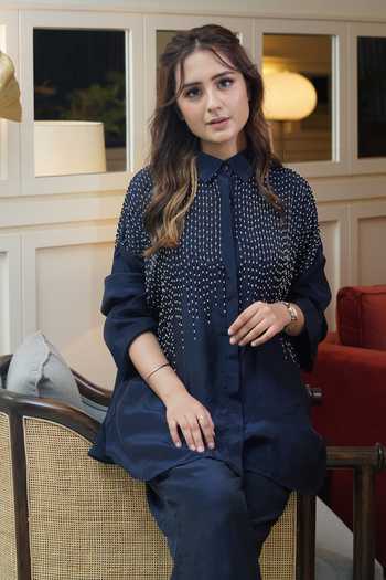 Buy Blue Crepe Beads Shawl Neck Embellished Shirt With Pant For