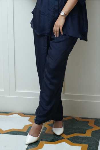 Buy Blue Crepe Beads Shawl Neck Embellished Shirt With Pant For