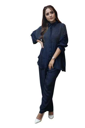 Buy Blue Crepe Beads Shawl Neck Embellished Shirt With Pant For