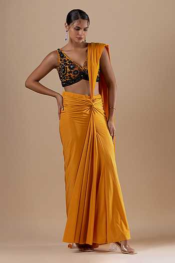 Ivory Lycra Draped Saree With Embroidered Blouse