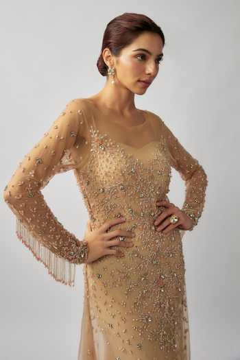 Buy Gold Tulle, Lycra Embroidery, Beads Round Neck Hand Fish-cut Gown With  Inner For Women by FATIZ Online at Aza Fashions.