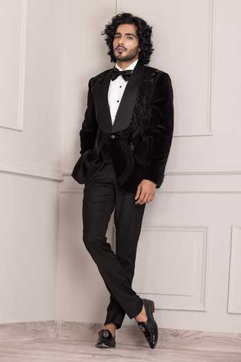 Black Tuxedo For Men With Cutdana Embroidery