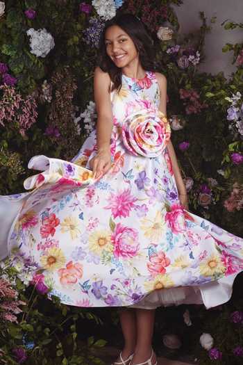 Girls Multicolor  Cotton Blend Abstact Printed Midi Dress