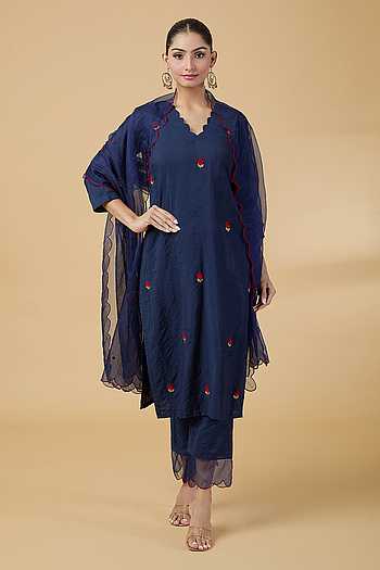 Women's Petrol Blue Viscose Chanderi Embroidery Straight Kurta Pant With Dupatta