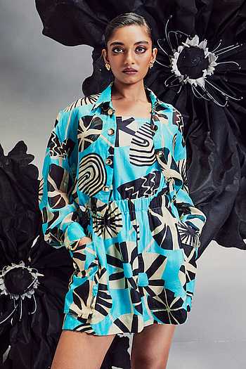Gliselle | Powder Blue Asymmetric-Neck Jumpsuit With Scarf-Detail