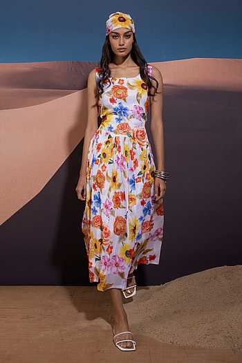 Elegant Blossom Drop Waist Cotton Dress
