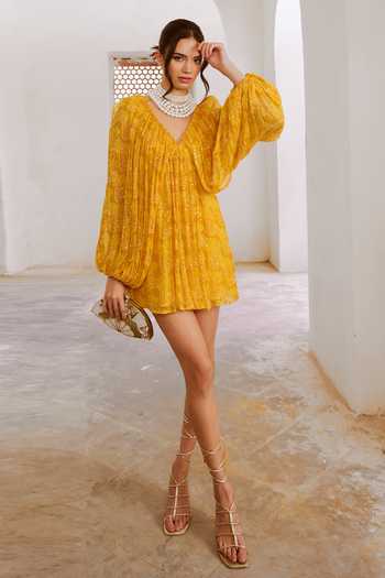 Buy Yellow Chiffon Sequins, Embroidery V-neck Jugnu Short Dress For Women  by Pallavi Jaipur Online at Aza Fashions.