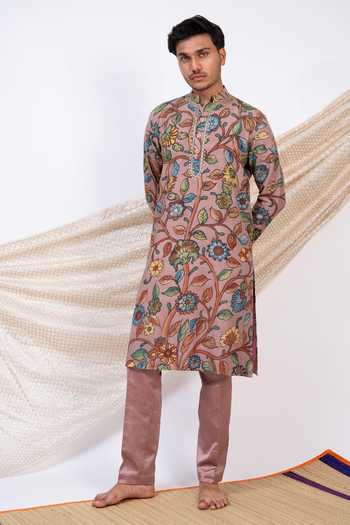 Grey Kalamkari Mens Jacket Kurta and Pant Set